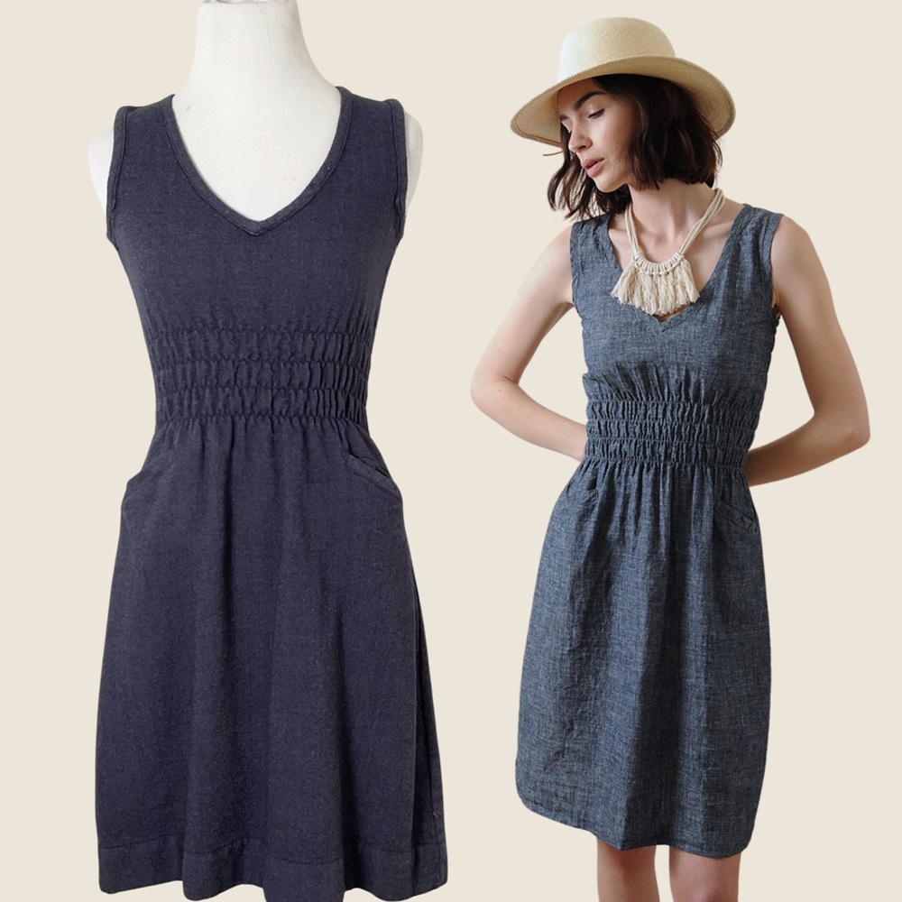 Modaspia Fiji Dress | WOOL | Tweed | Shirred | Navy Blue | Sleeveless | XS